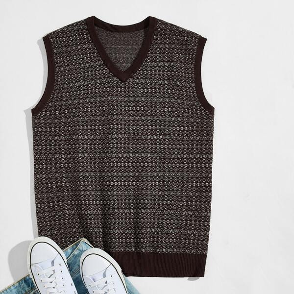 

Men V-neck Geo Pattern Sweater Vest, Chocolate brown