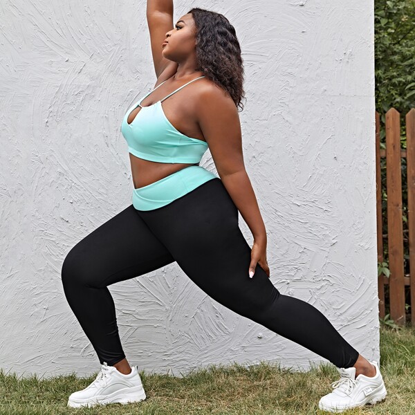 

Plus Keyhole Front Criss Cross Back Sports Bra & Leggings, Multicolor