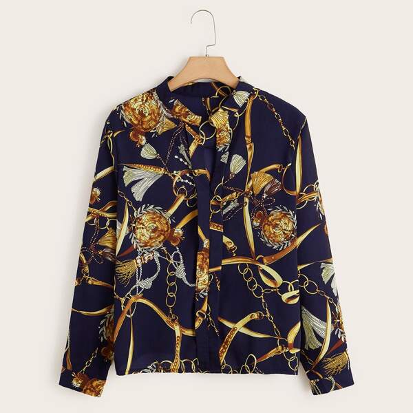 

Plus Notch Neck Chain Print Blouse, Navy blue