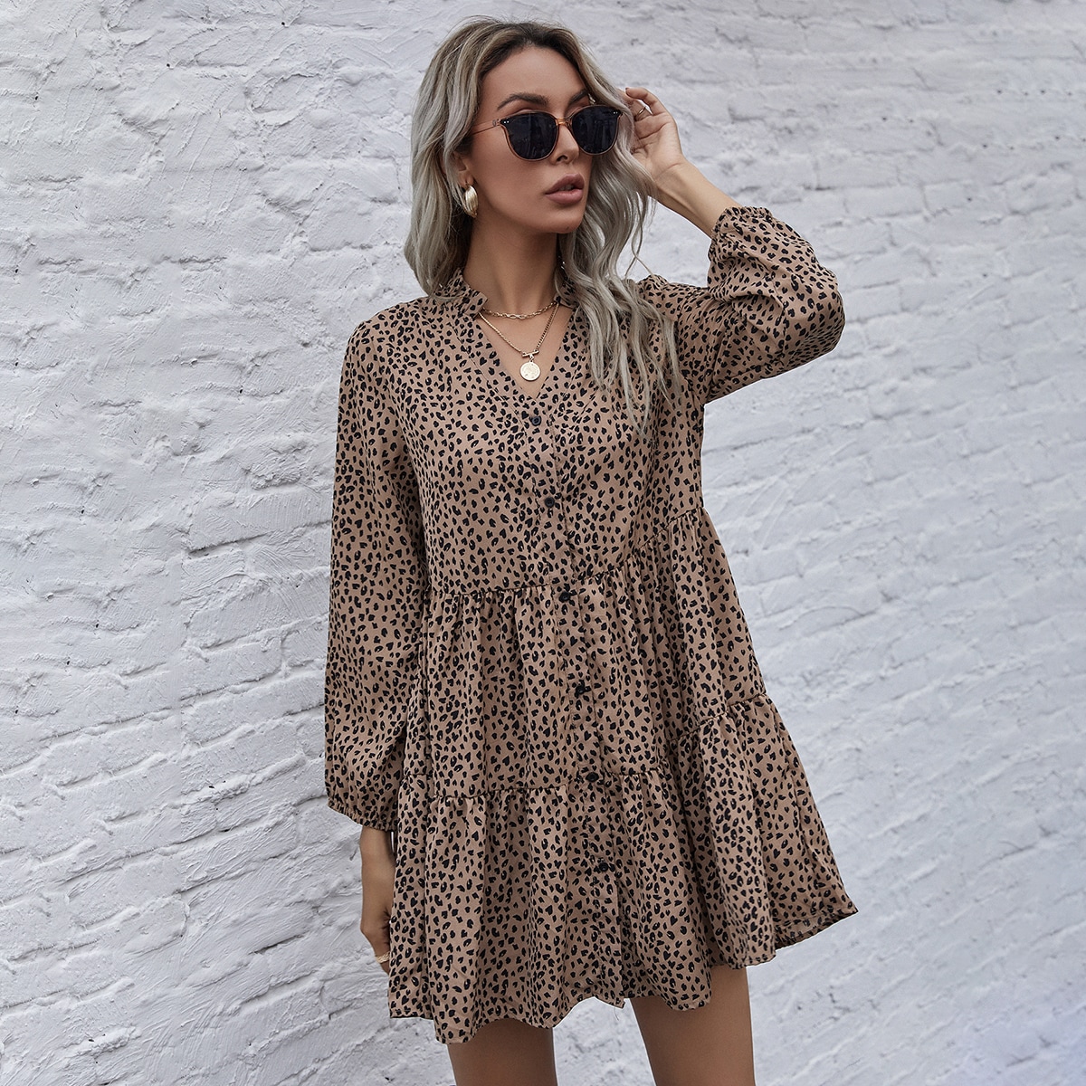 Image of All Over Print Notch Neck Smock Dress