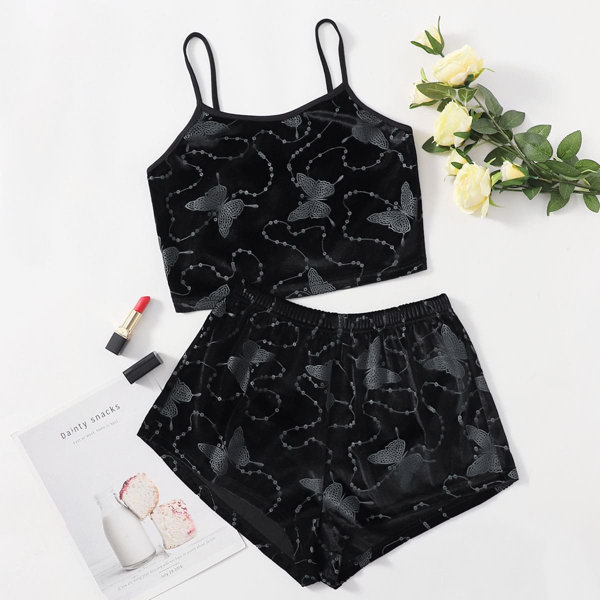 

Velvet Butterfly Print Cami Lounge Set, Black