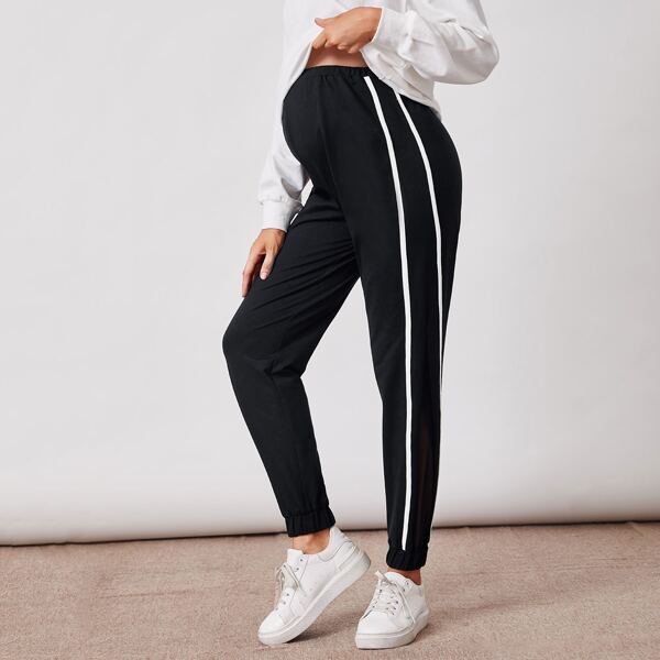 

Maternity Sheer Mesh Insert Striped Side Pants, Black