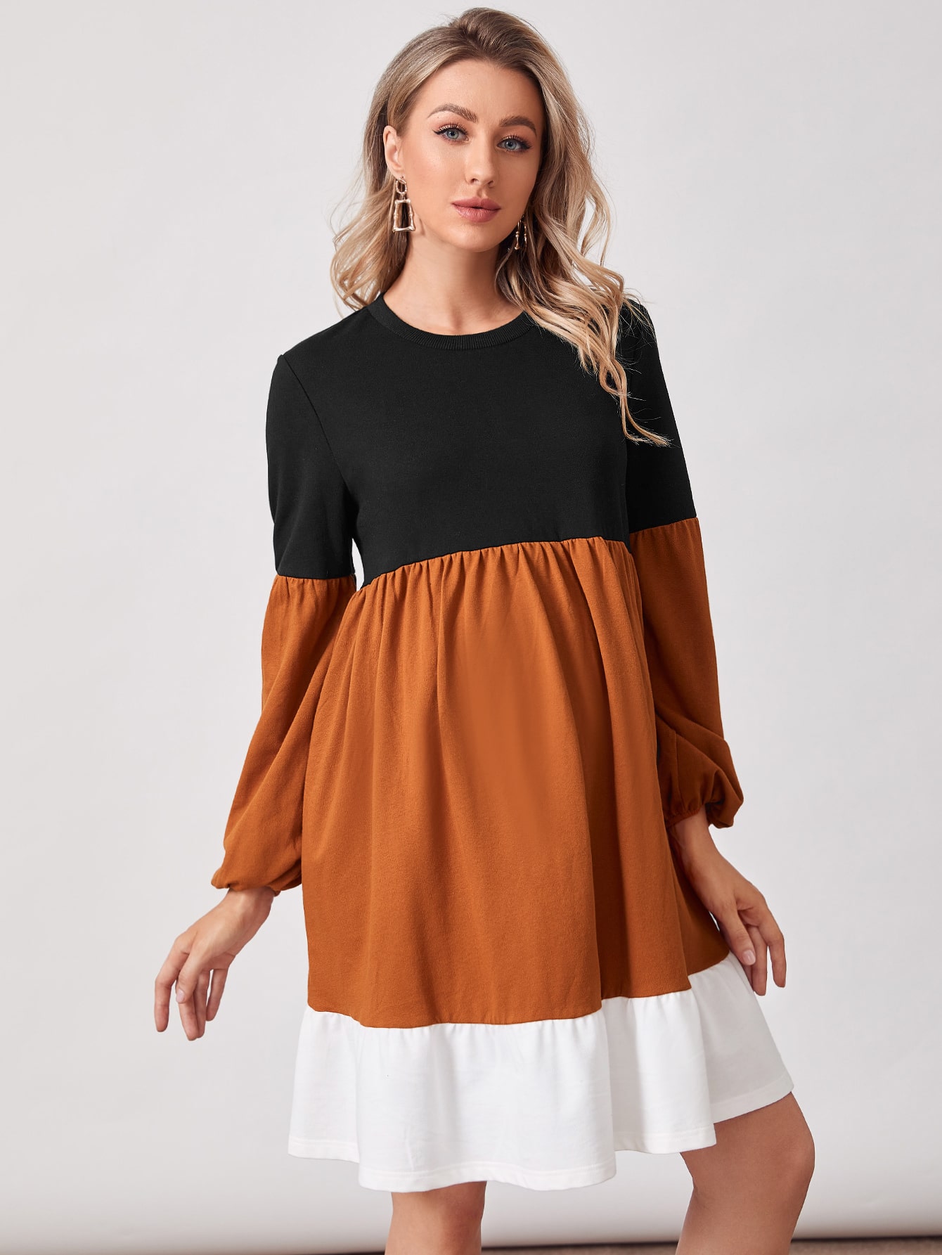 Maternity Lantern Sleeve Colorblock Smock Dress thumbnail
