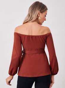 SHEIN Maternity V-bar Off Shoulder Belted Top - Red - View 2