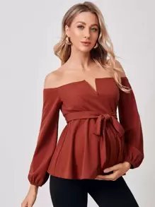 SHEIN Maternity V-bar Off Shoulder Belted Top - Red - View 1