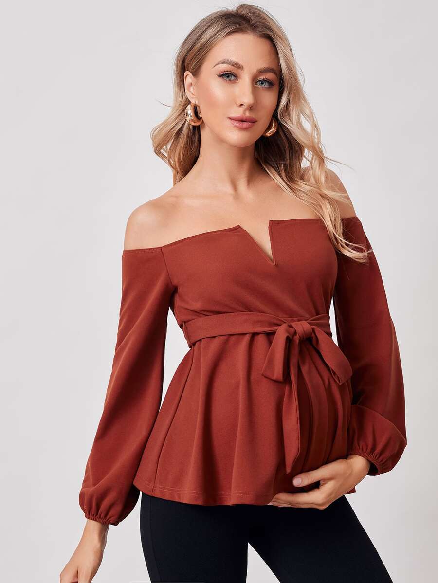 SHEIN Maternity V-bar Off Shoulder Belted Top - Red - View 1