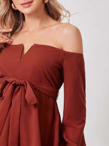 SHEIN Maternity V-bar Off Shoulder Belted Top - Red - View 4