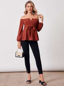 SHEIN Maternity V-bar Off Shoulder Belted Top - Red - View 5
