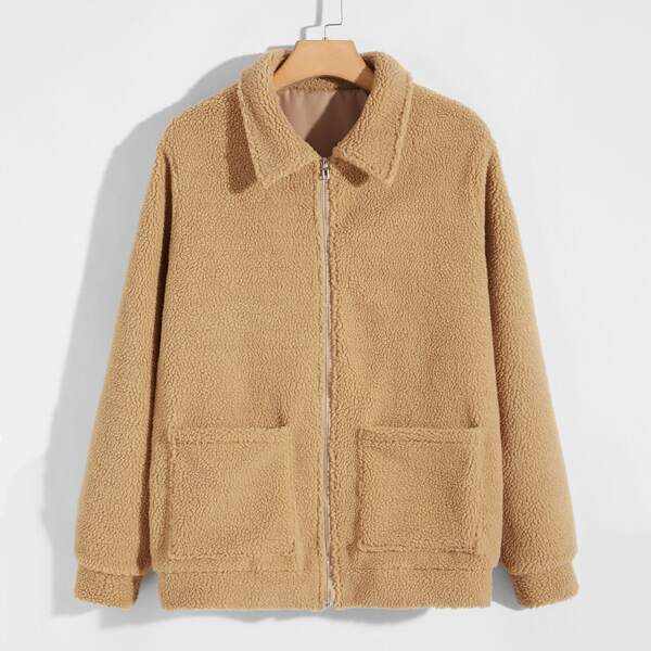 

Men Dual Pocket Zip Up Teddy Jacket, Camel
