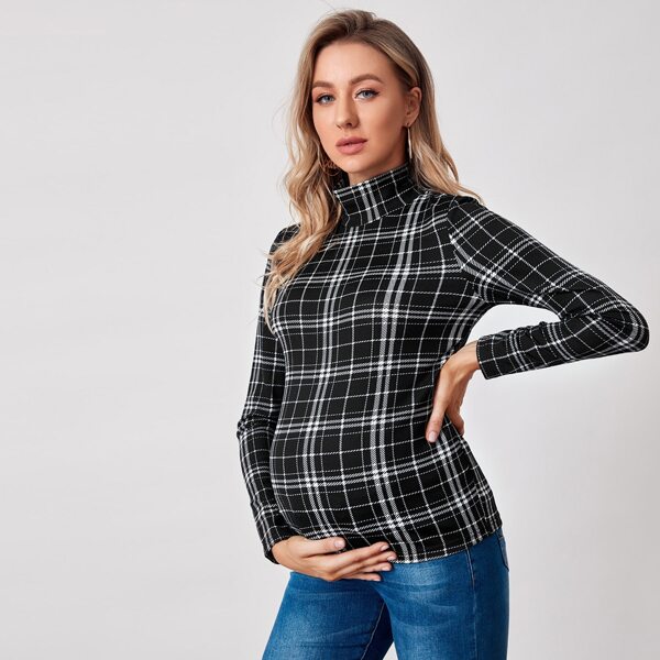 

Maternity High Neck Plaid Tee, Black and white