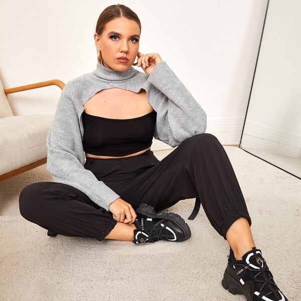 

Plus Solid High Neck Super Crop Sweater Without Tube Top, Light grey