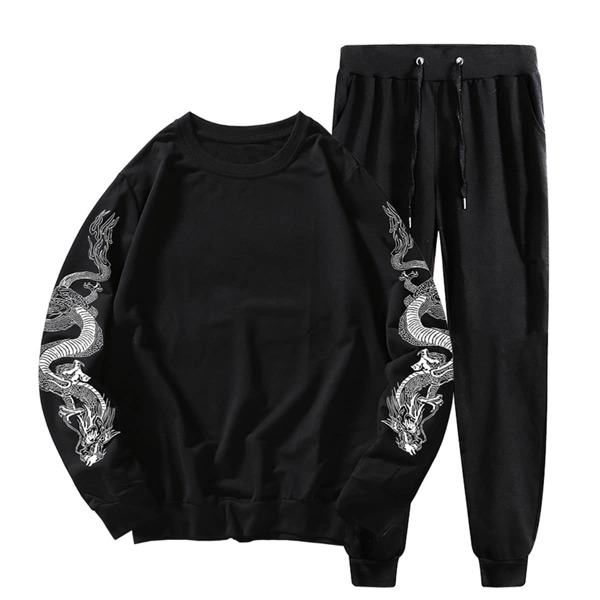 

Men Chinese Dragon Print Sweatshirt & Sweatpants, Black
