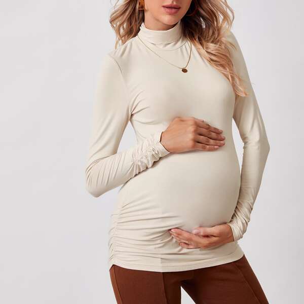 

Maternity High Neck Solid Tee, Beige