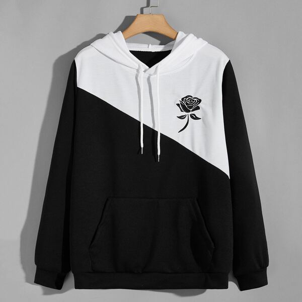 

Men Two Tone Floral Embroidery Hoodie, Black