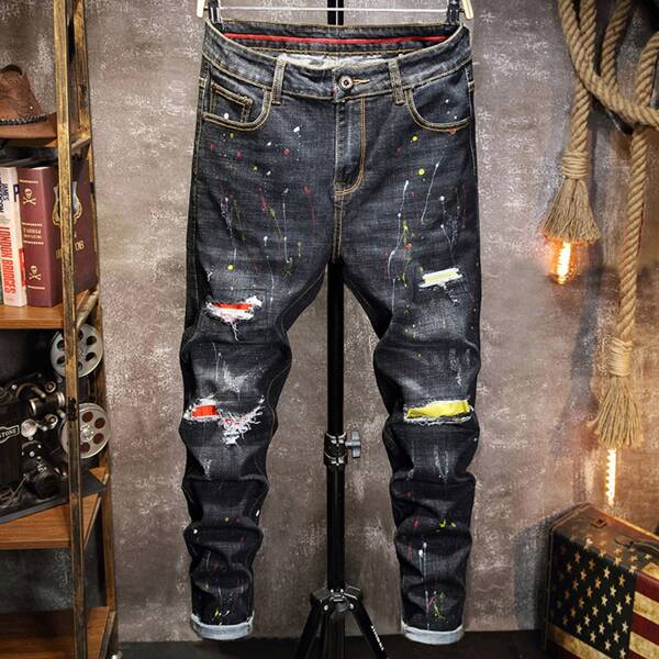 

Men Splatter Print Ripped Skinny Jeans, Dark grey