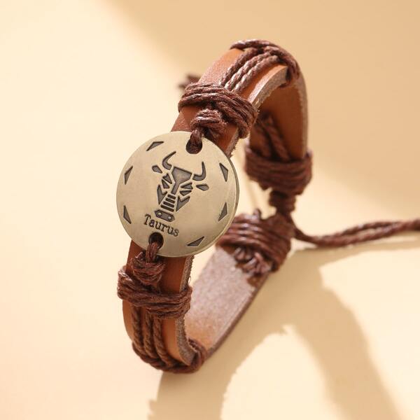 

Men Round Decor PU Bracelet, Brown