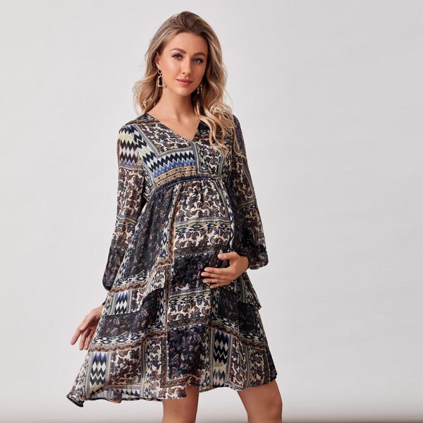 

Maternity V-neck Shirred Cuff Lantern Sleeve Patchwork Dress, Multicolor
