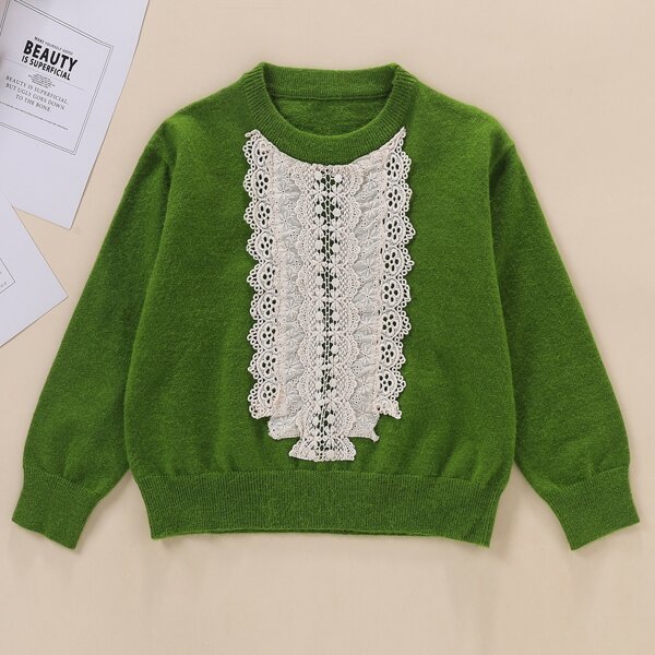 

Girls Eyelet Embroidery Round Neck Sweater, Green