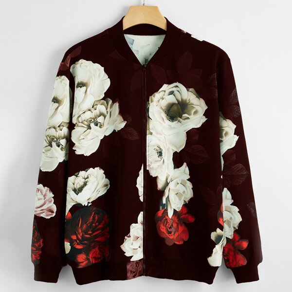 

Plus Large Floral Print Zip-up Bomber Jacket, Multicolor