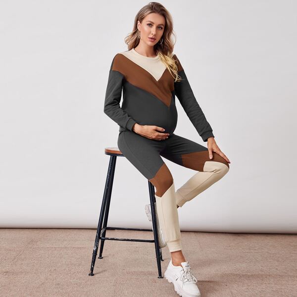 

Maternity Drop Shoulder Colorblock Pullover & Joggers Set, Multicolor