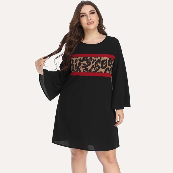 

Plus Contrast Leopard Tunic Dress, Black