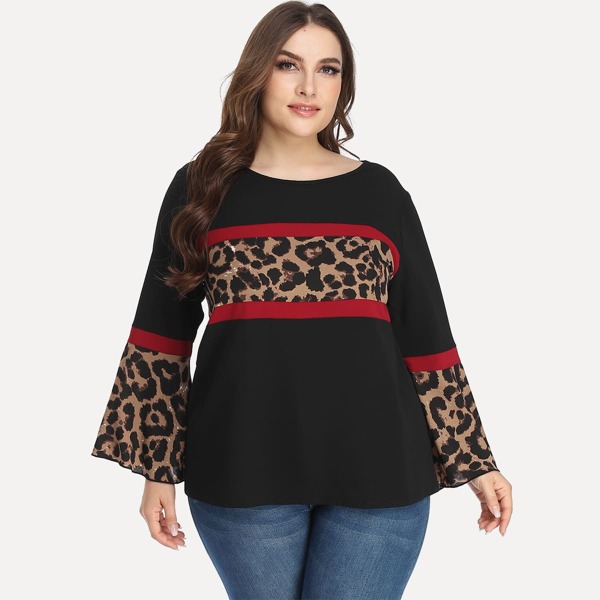 

Plus Contrast Leopard Flounce Sleeve Blouse, Black