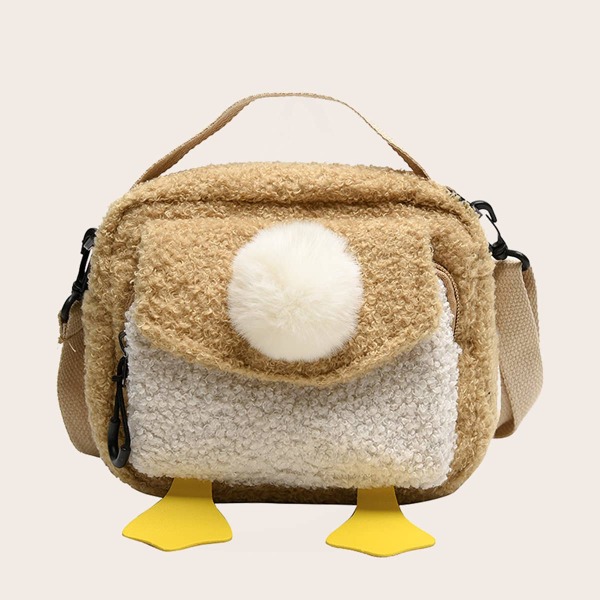 

Girls Pom Pom Decor Satchel Bag, Khaki