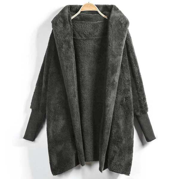 

Open Front Hooded Shearling Coat, Dark grey