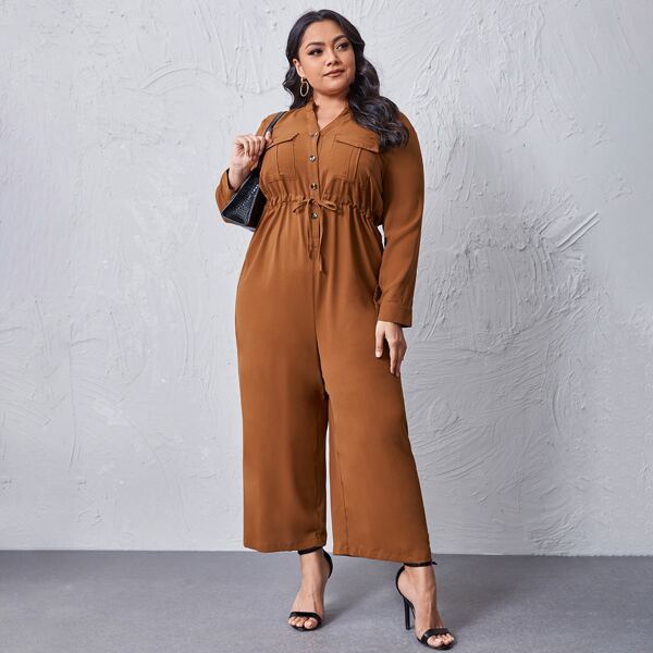 

Plus Drawstring Waist Wide-leg Shirt Jumpsuit, Brown