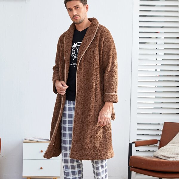 

Men Flannel Belted Robe, Coffee brown