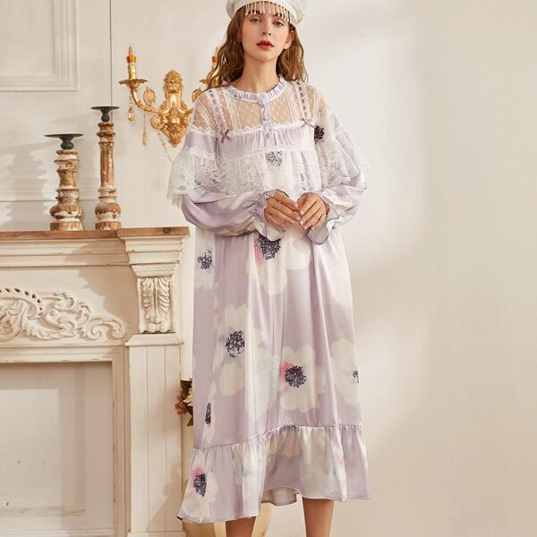 

Contrast Lace Floral Print Ruffle Hem Nightdress, Multicolor