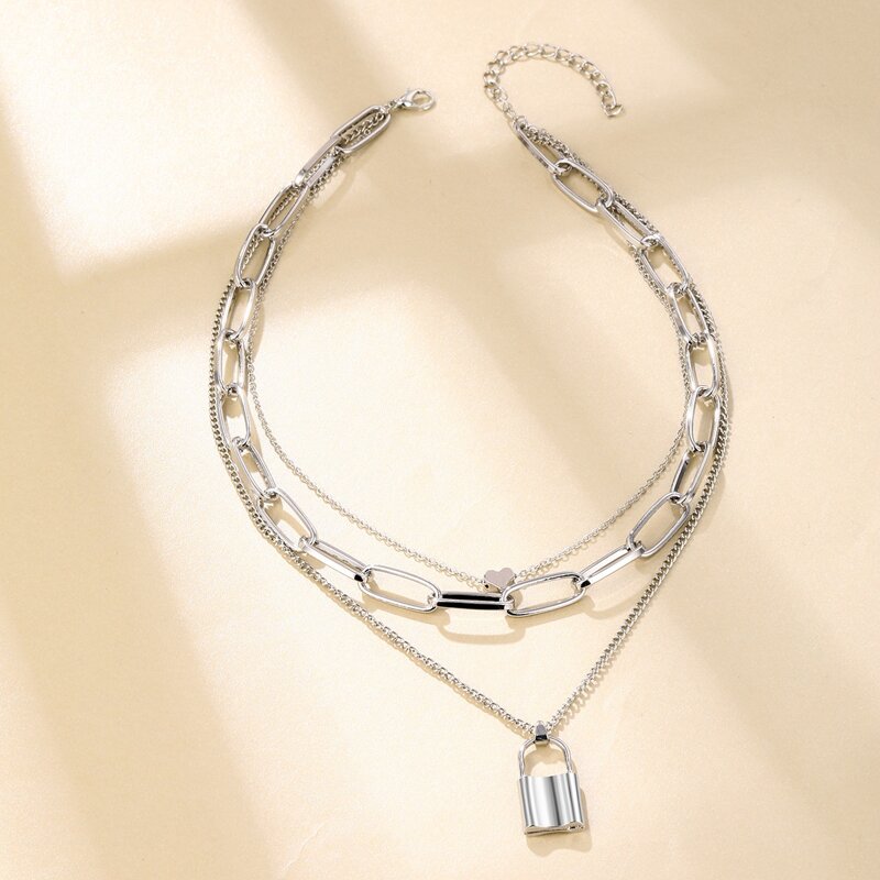 

Heart & Lock Layered Chain Necklace, Silver