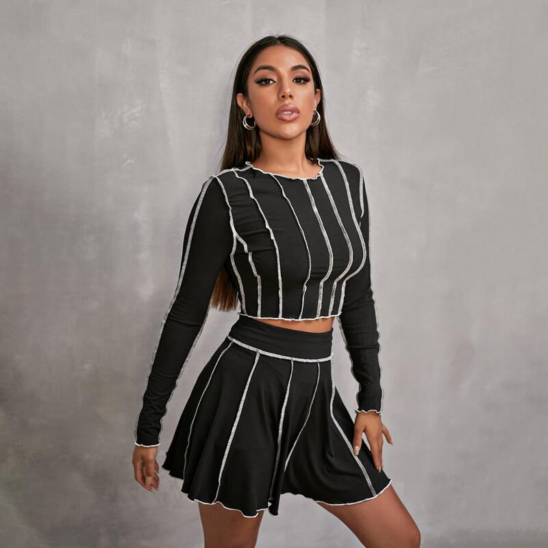 

Stitch Trim Rib-knit Crop Tee & Skirt Set, Black