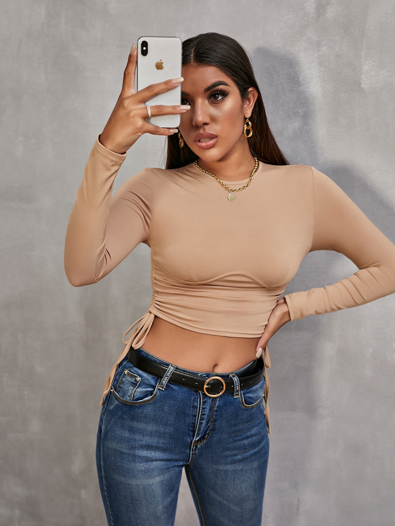 Ruched Drawstring Knot Slim Crop Tee thumbnail