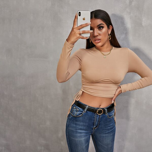 

Ruched Drawstring Knot Slim Crop Tee, Apricot