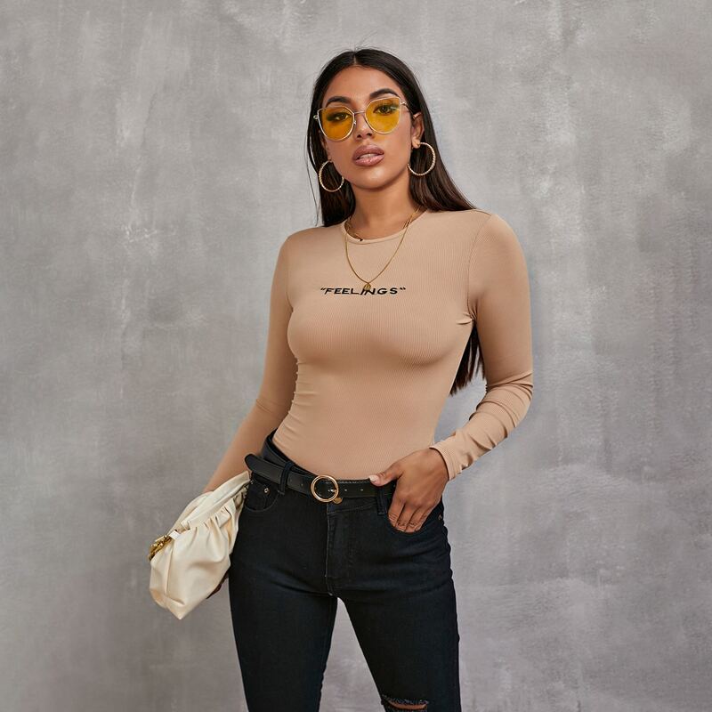 

Letter Embroidery Rib-knit Slim Tee, Apricot