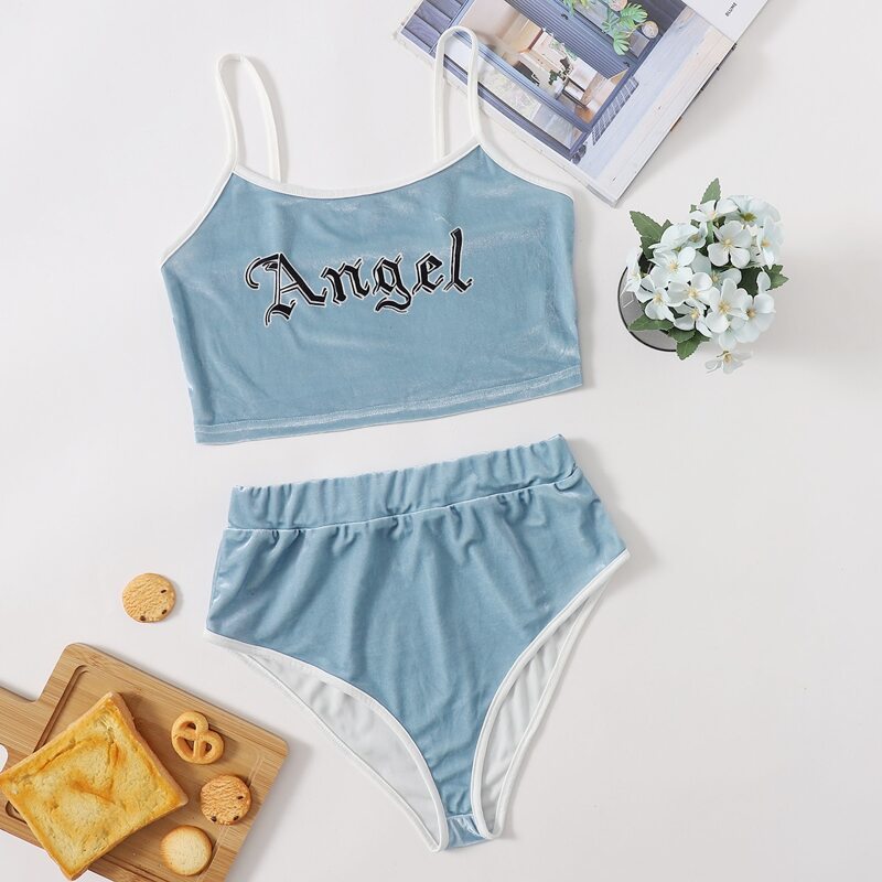 

Velvet Letter Graphic Cami PJ Set, Dusty blue