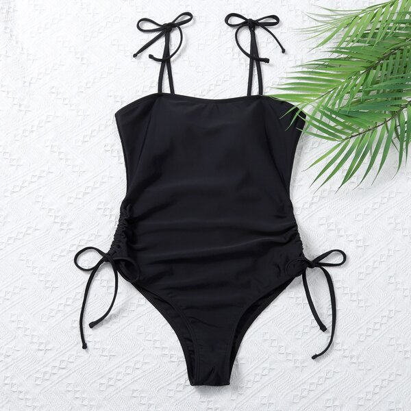 

Tie Shoulder One Piece Swimsuit, Black