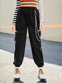 SHEIN Coolane Chain Detail Cargo Pants - Black - View 3