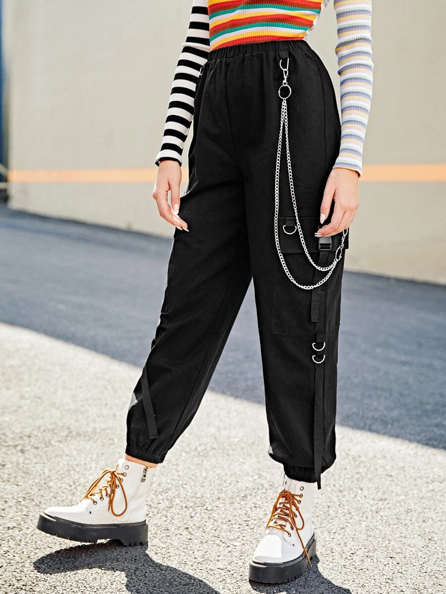 SHEIN Coolane Chain Detail Cargo Pants - Black - View 1