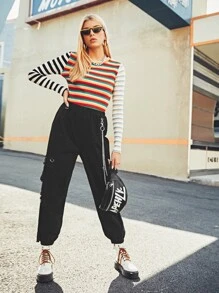 SHEIN Coolane Chain Detail Cargo Pants - Black - View 4