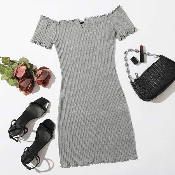 

Off Shoulder Notched Neck Lettuce Trim Dress, Grey