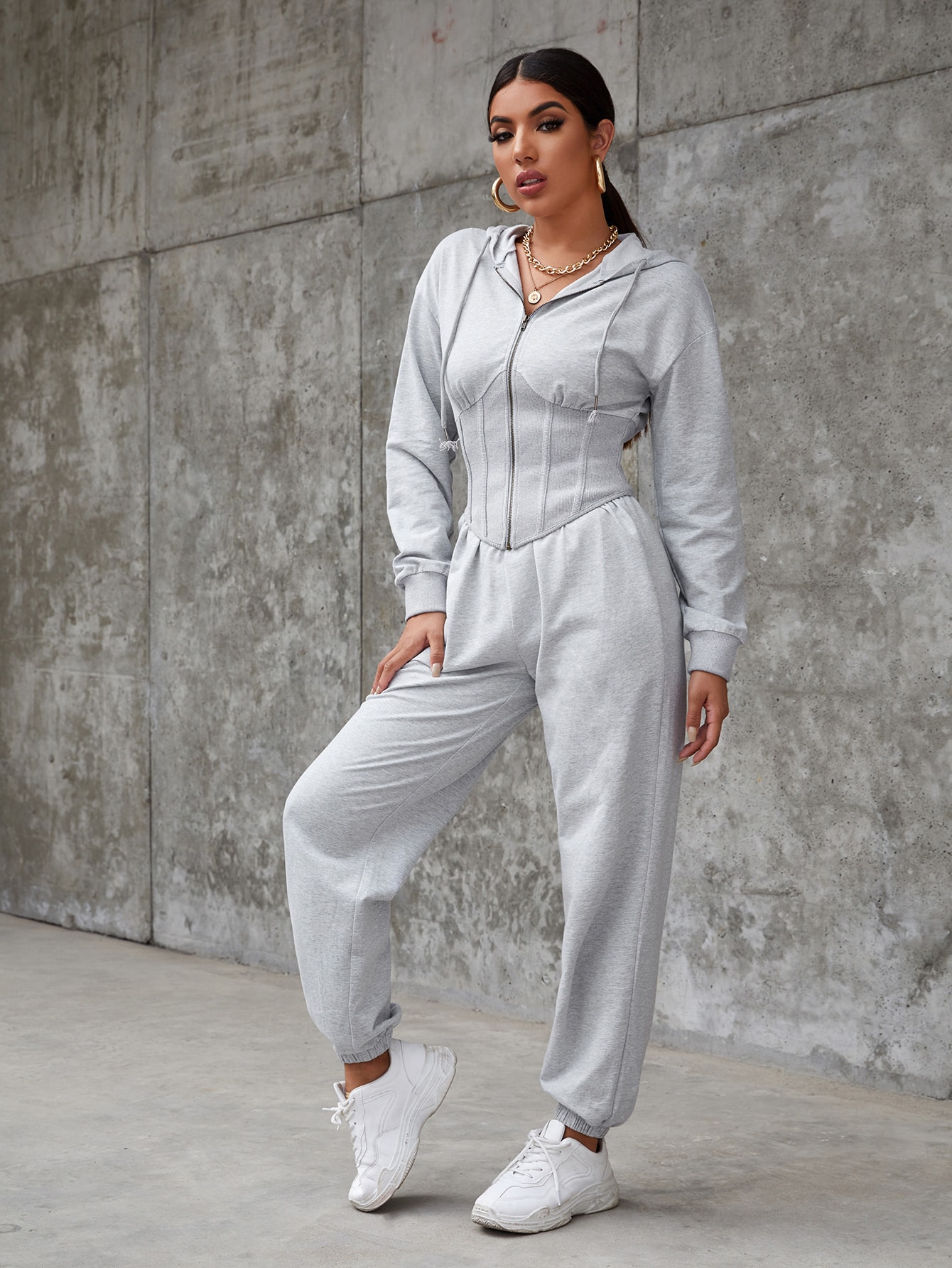 Generisch Doppelkappe Tracksuit Set Herren Damen | Kapuzenpullover Mit Reißverschluss & Jogginghose | Y2K Retro Sport Style