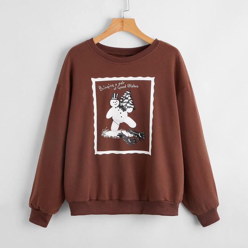 

Christmas Snowman & Slogan Graphic Sweatshirt, Coffee brown