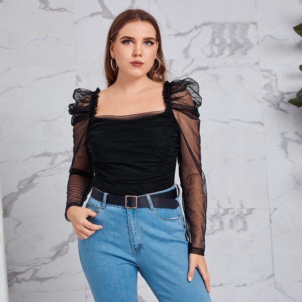 

Plus Mesh Sleeve Ruched Tee, Black