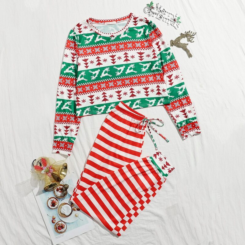 

Christmas Pattern Tee & Stripe Pants PJ Set, Multicolor