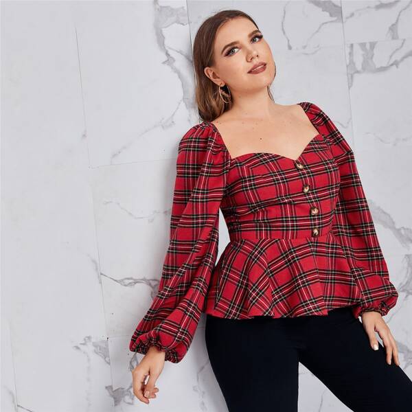 

Plus Ruffle Hem Lantern Sleeve Peplum Top, Red
