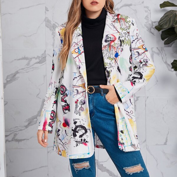 

Plus Skeleton All Over Print Single Button Blazer, Multicolor