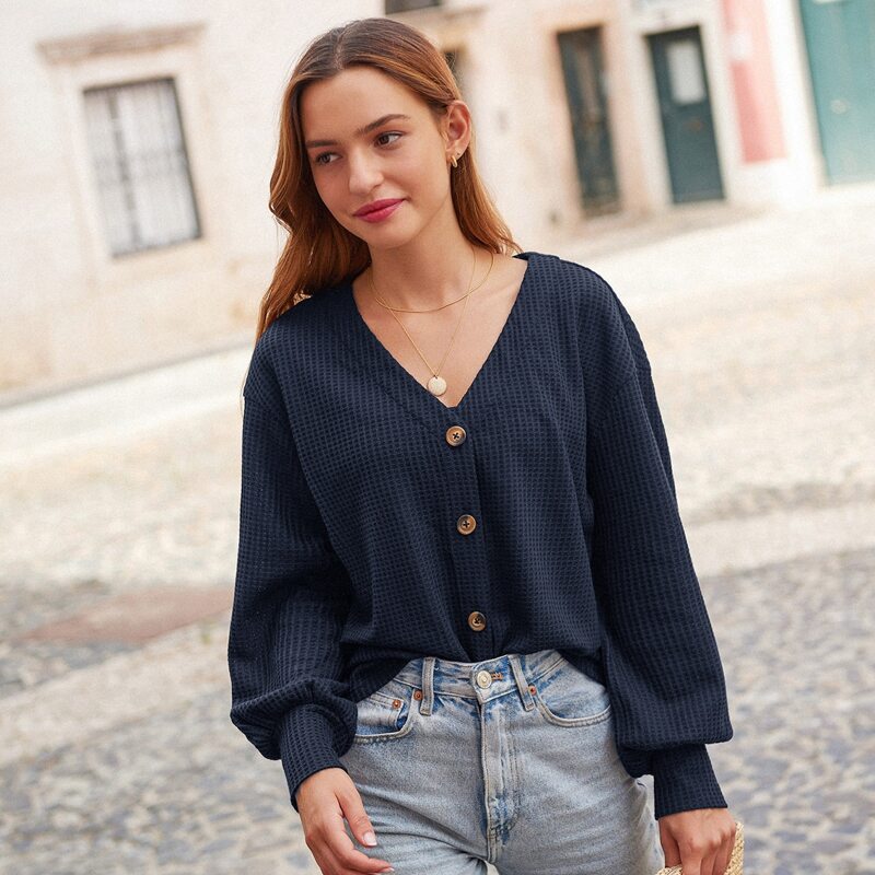 

Button Front Waffle Knit Top, Navy blue