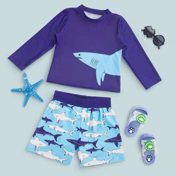 

Boys Cartoon Shark Print Swimsuit, Blue